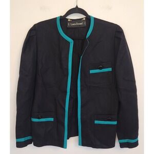 Louis Feraud Black Teal Trim Collarless Cropped Jacket Size 12‎ 100% Wool Vtg